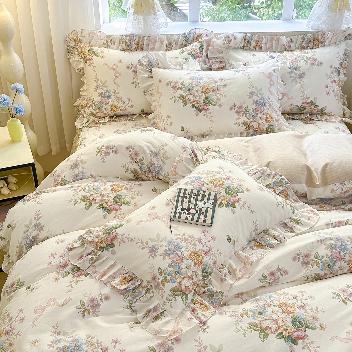 91家纺网 家纺一手货源 找家纺 忘忧草 2026新款全棉夹棉印花床裙四件套单被套 花颜悦色