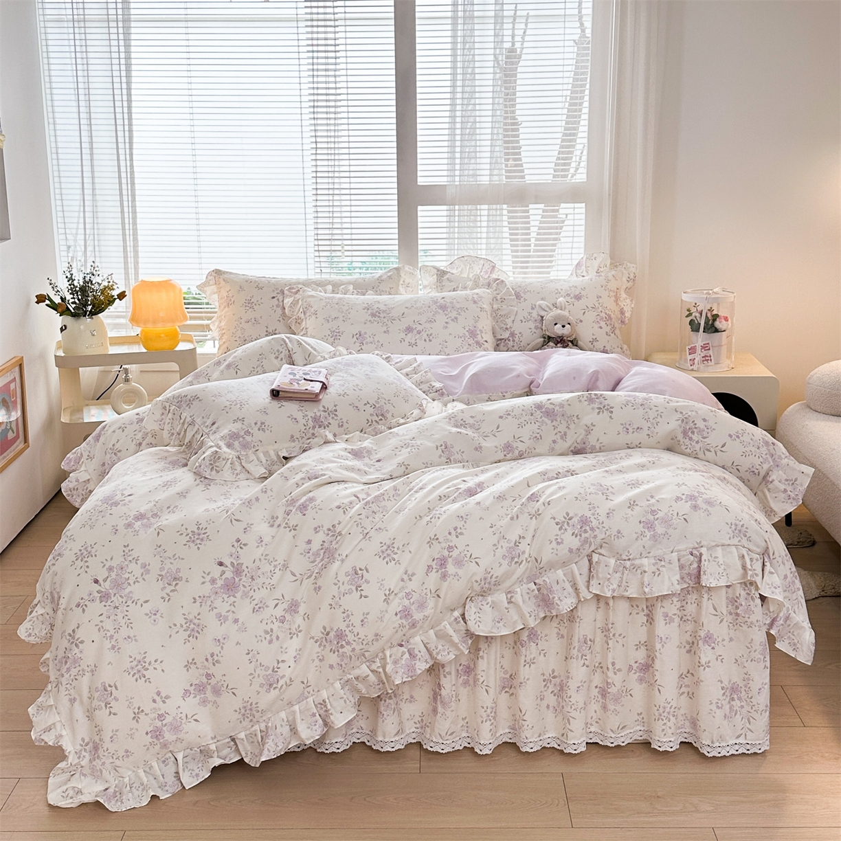 91家纺网 家纺一手货源 找家纺 忘忧草 2026新款全棉夹棉印花床裙四件套单被套 苏林 紫