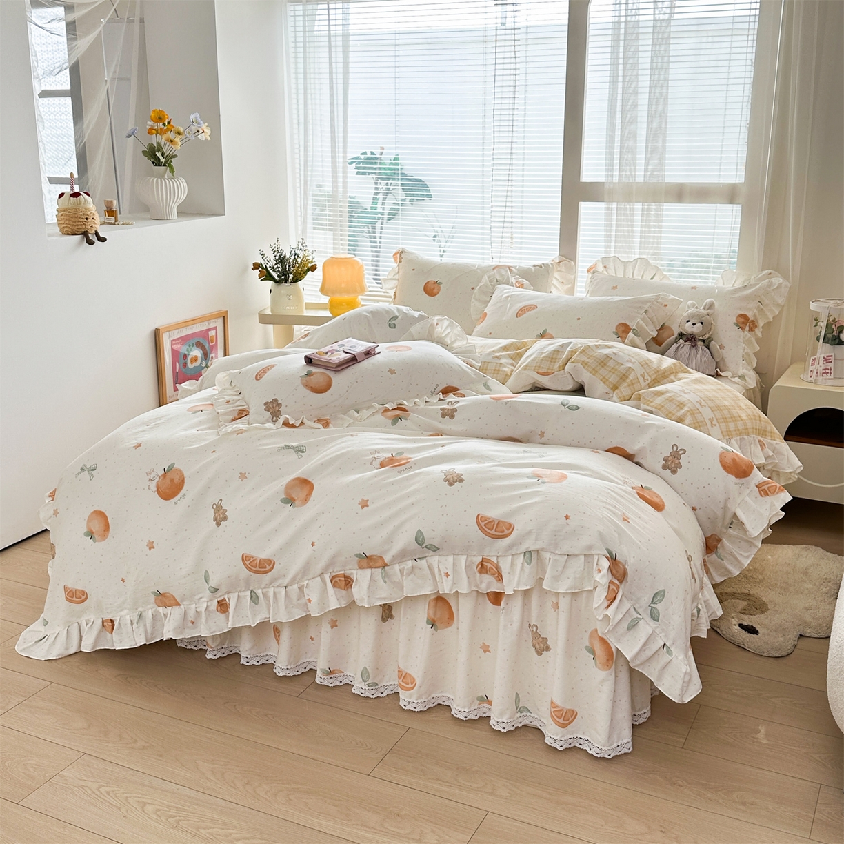 91家纺网 家纺一手货源 找家纺 忘忧草 2026新款全棉夹棉印花床裙四件套单被套 甜桔小兔