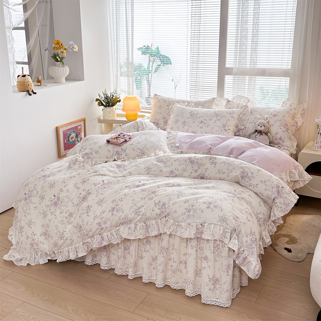 91家纺网 家纺一手货源 找家纺 忘忧草 2026新款全棉夹棉印花床裙四件套单被套 苏林 紫