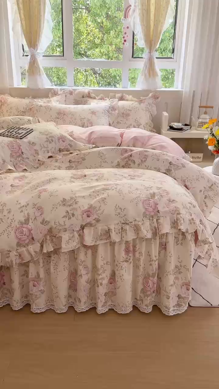 91家纺网 家纺一手货源 找家纺 忘忧草 2026新款全棉夹棉印花床裙四件套单被套 华庭庄园-米