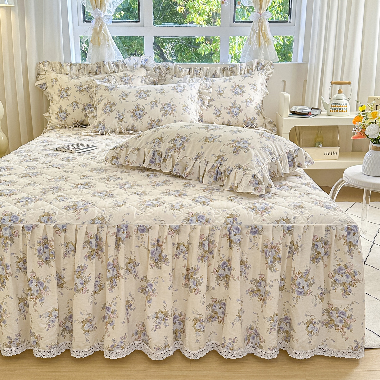 91家纺网 家纺一手货源 找家纺 忘忧草 2026新款全棉夹棉印花床裙四件套单被套 云溪之境