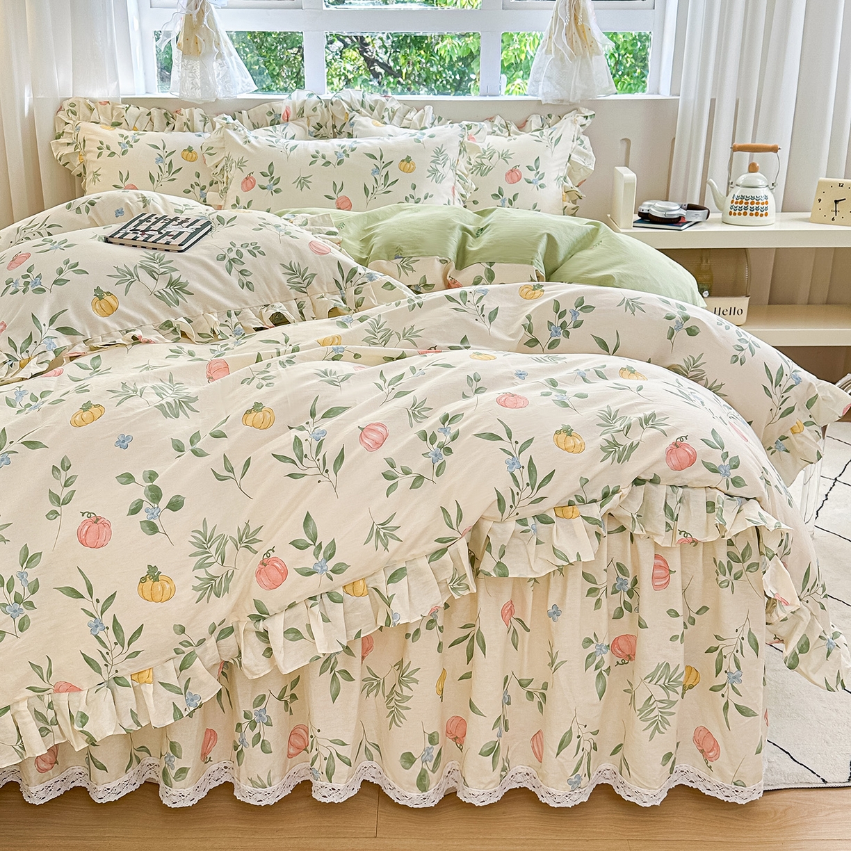 忘忧草 2026新款全棉夹棉印花床裙四件套单被套 轻婉花语