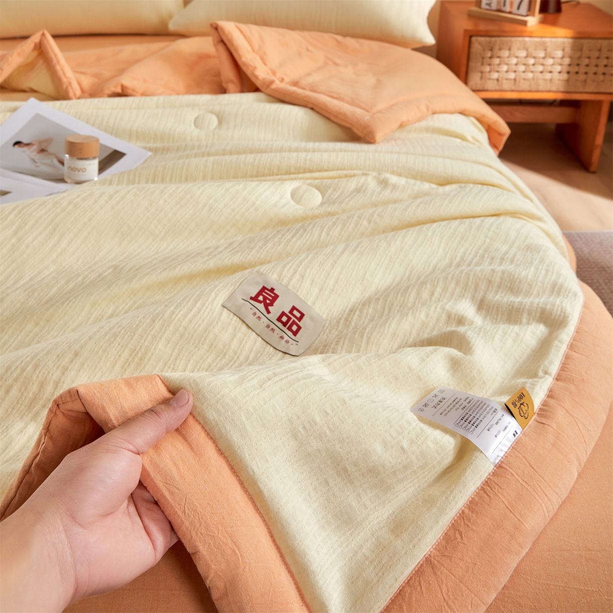 91家纺网 家纺一手货源 找家纺 恬思语家纺 2026春夏新款全棉色织大提花棉花夏被空调被夏凉被四件套芳华系列 芳华-黄橙