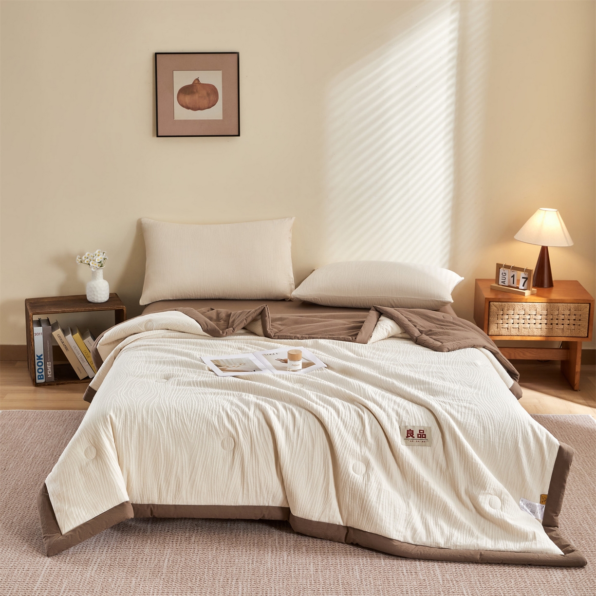 91家纺网 家纺一手货源 找家纺 恬思语家纺 2026春夏新款全棉色织大提花棉花夏被空调被夏凉被四件套芳华系列 流年-卡其