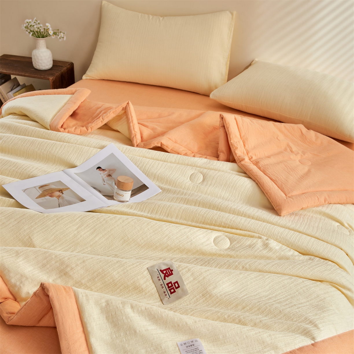 91家纺网 家纺一手货源 找家纺 恬思语家纺 2026春夏新款全棉色织大提花棉花夏被空调被夏凉被四件套芳华系列 芳华-黄橙