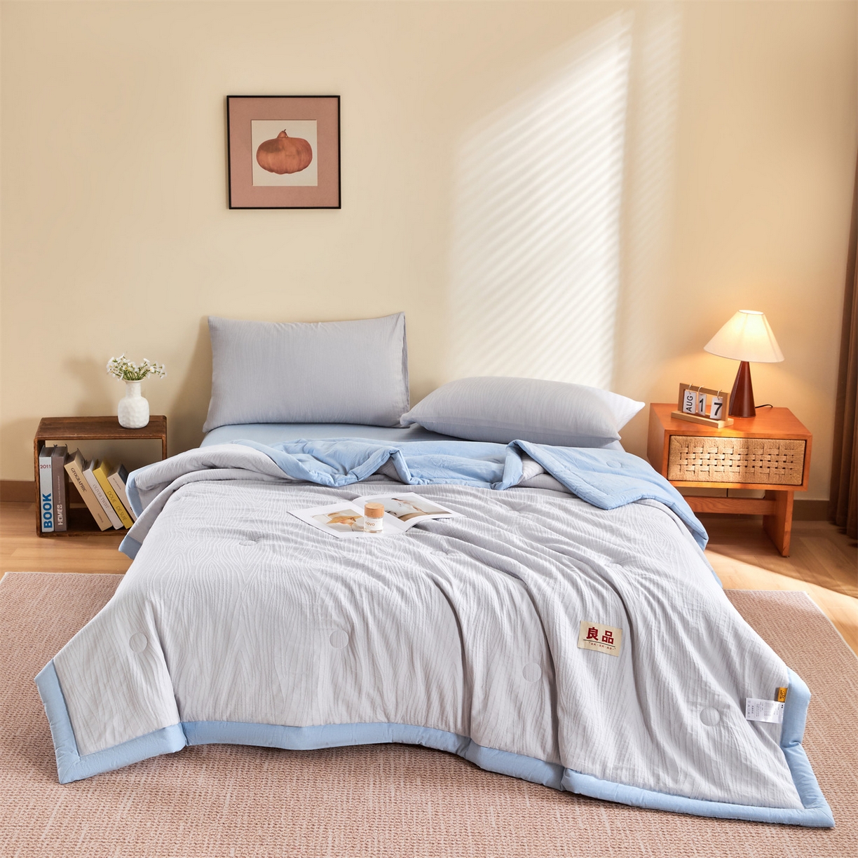 91家纺网 家纺一手货源 找家纺 恬思语家纺 2026春夏新款全棉色织大提花棉花夏被空调被夏凉被四件套芳华系列 流年-灰蓝