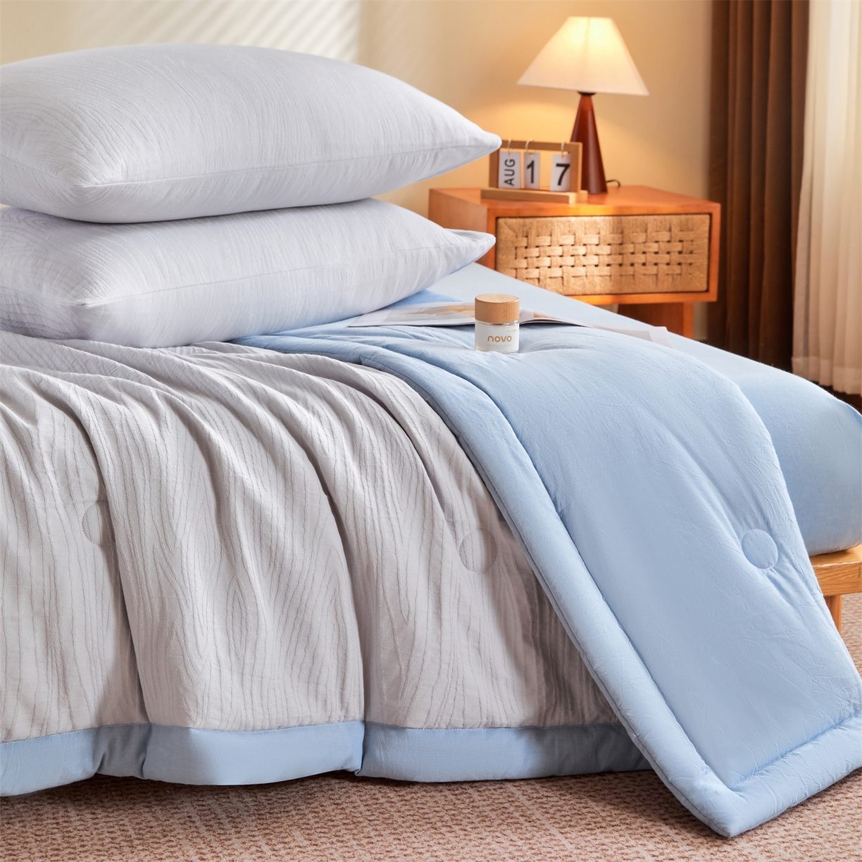 91家纺网 家纺一手货源 找家纺 恬思语家纺 2026春夏新款全棉色织大提花棉花夏被空调被夏凉被四件套芳华系列 流年-灰蓝