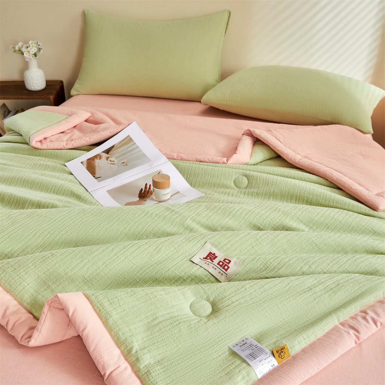91家纺网 家纺一手货源 找家纺 恬思语家纺 2026春夏新款全棉色织大提花棉花夏被空调被夏凉被四件套芳华系列 芳华-绿粉