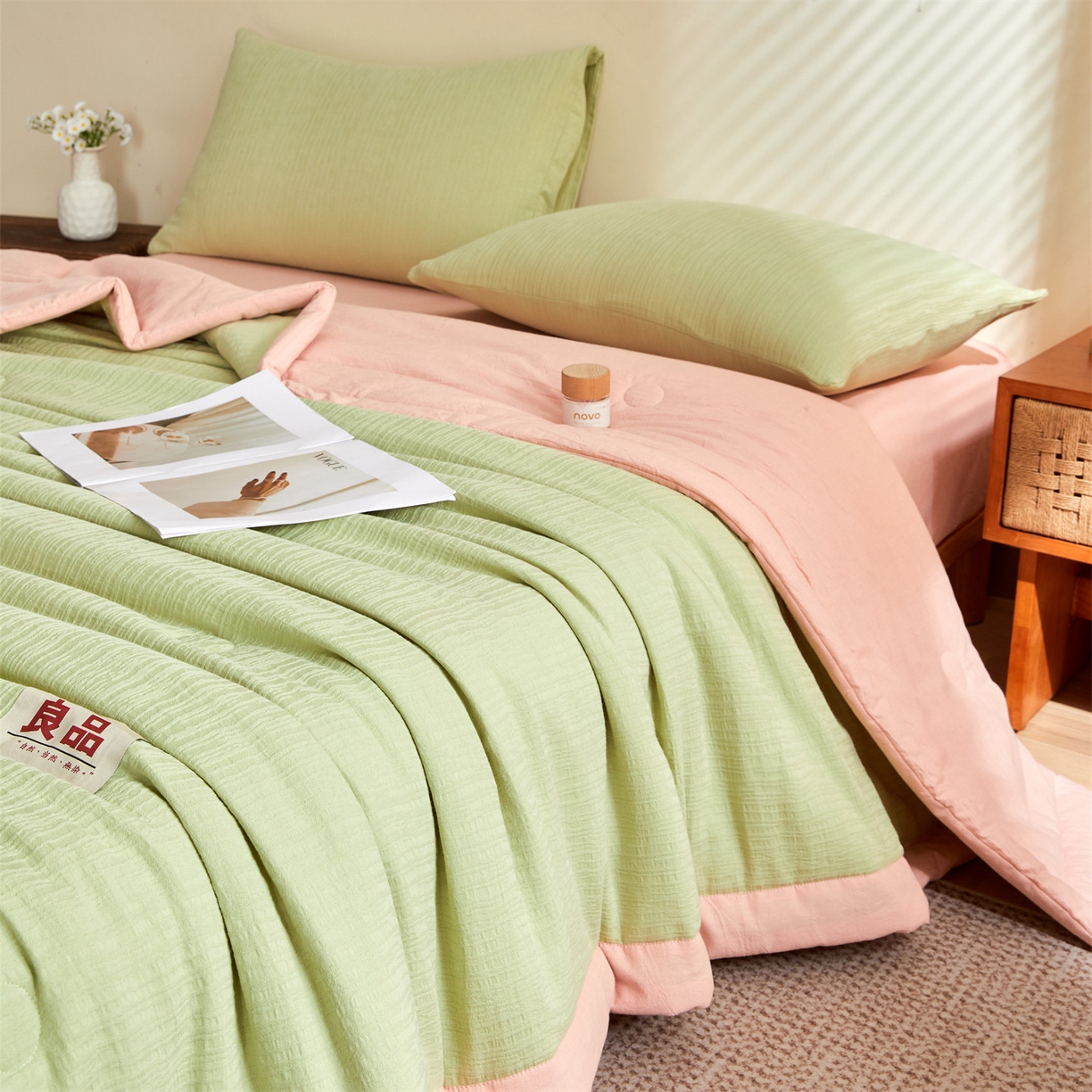91家纺网 家纺一手货源 找家纺 恬思语家纺 2026春夏新款全棉色织大提花棉花夏被空调被夏凉被四件套芳华系列 芳华-绿粉