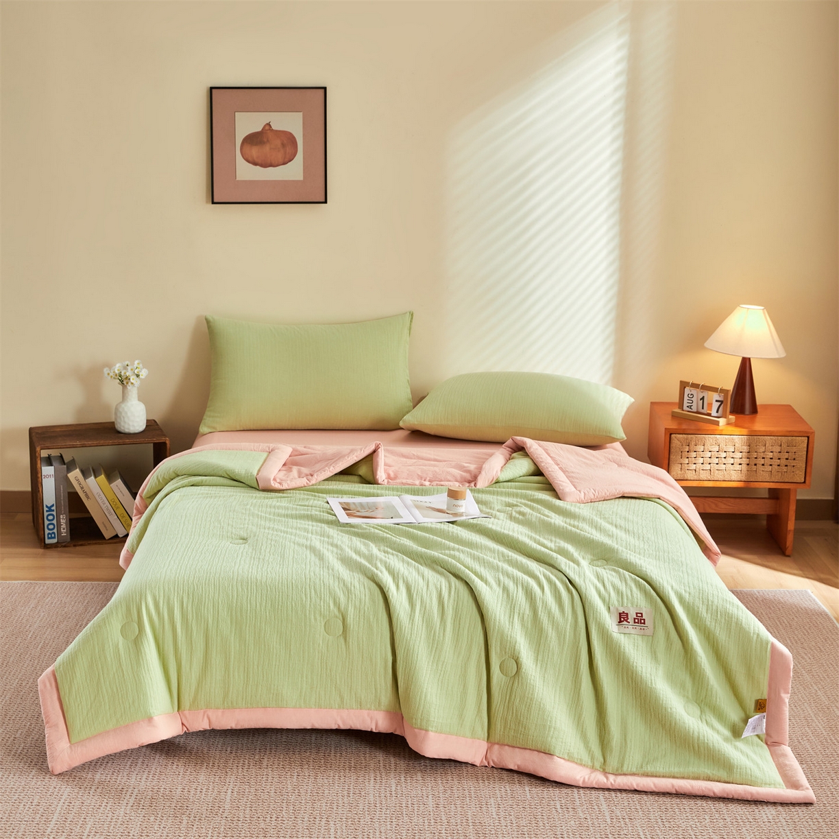 91家纺网 家纺一手货源 找家纺 恬思语家纺 2026春夏新款全棉色织大提花棉花夏被空调被夏凉被四件套芳华系列 芳华-绿粉