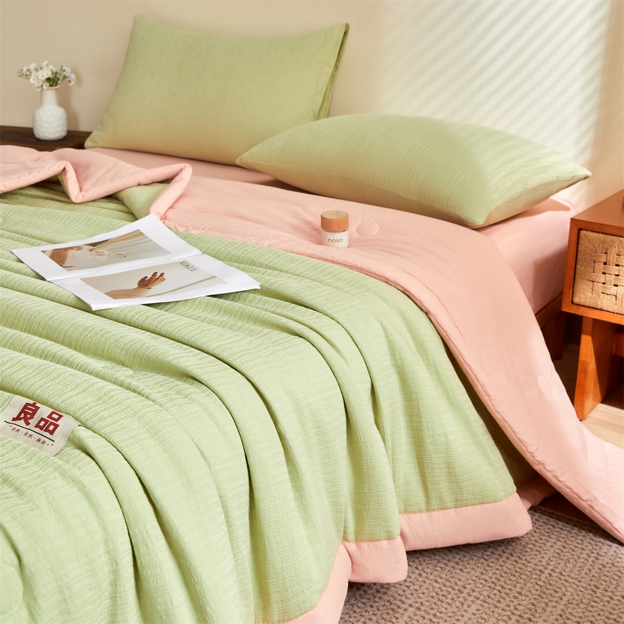 91家纺网 家纺一手货源 找家纺 恬思语家纺 2026春夏新款全棉色织大提花棉花夏被空调被夏凉被四件套芳华系列 芳华-绿粉