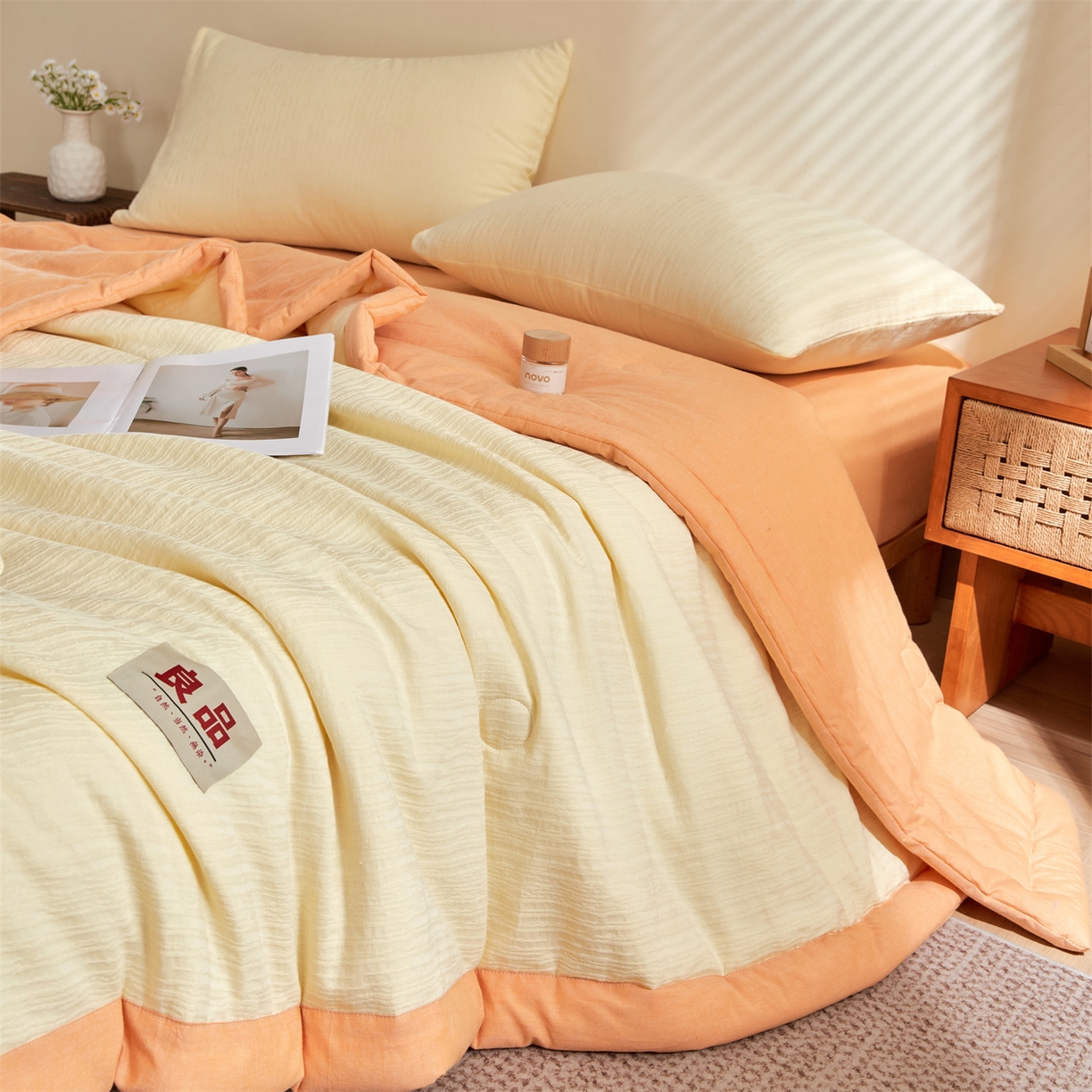 91家纺网 家纺一手货源 找家纺 恬思语家纺 2026春夏新款全棉色织大提花棉花夏被空调被夏凉被四件套芳华系列 芳华-黄橙