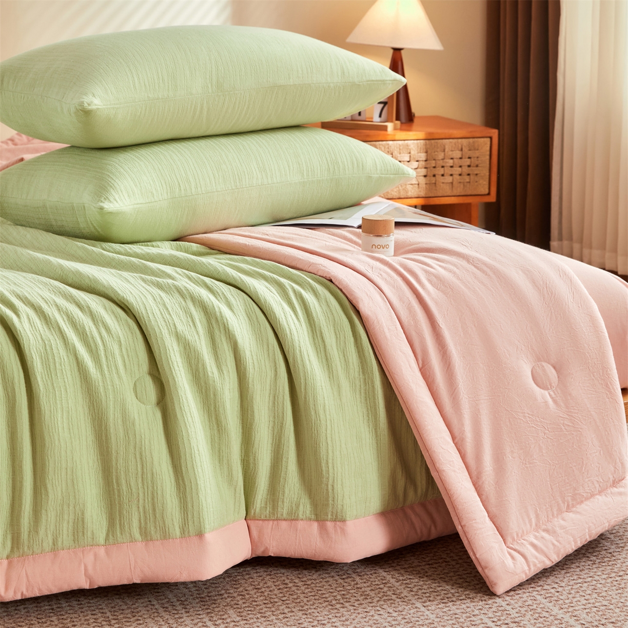 91家纺网 家纺一手货源 找家纺 恬思语家纺 2026春夏新款全棉色织大提花棉花夏被空调被夏凉被四件套芳华系列 芳华-绿粉