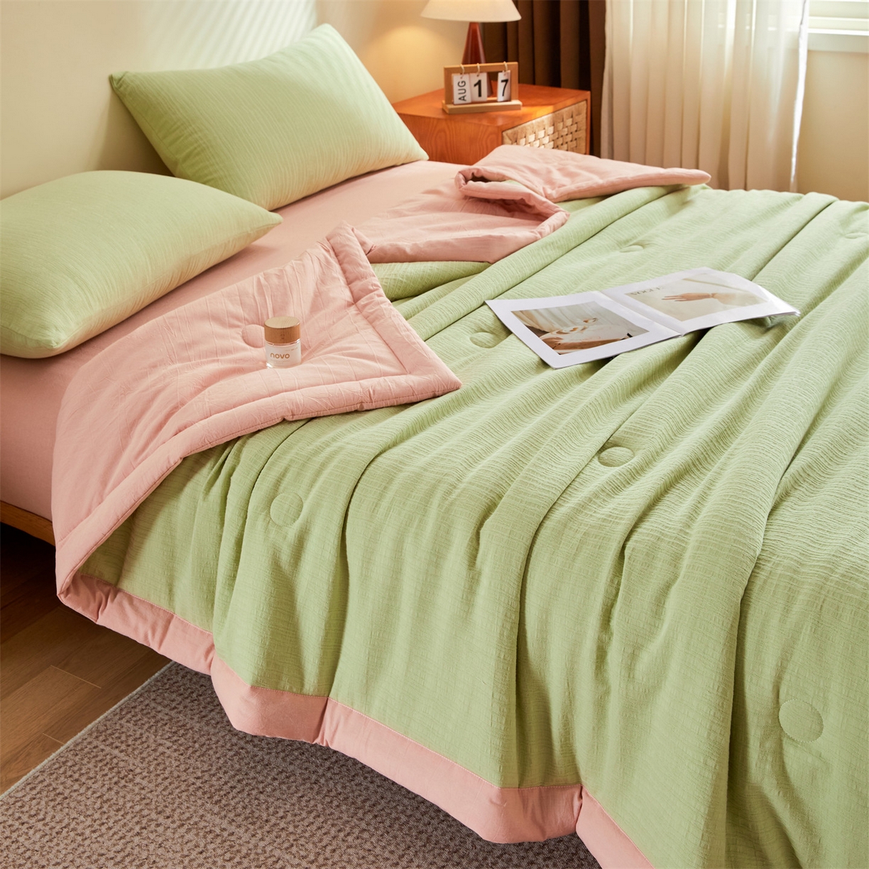 91家纺网 家纺一手货源 找家纺 恬思语家纺 2026春夏新款全棉色织大提花棉花夏被空调被夏凉被四件套芳华系列 芳华-绿粉