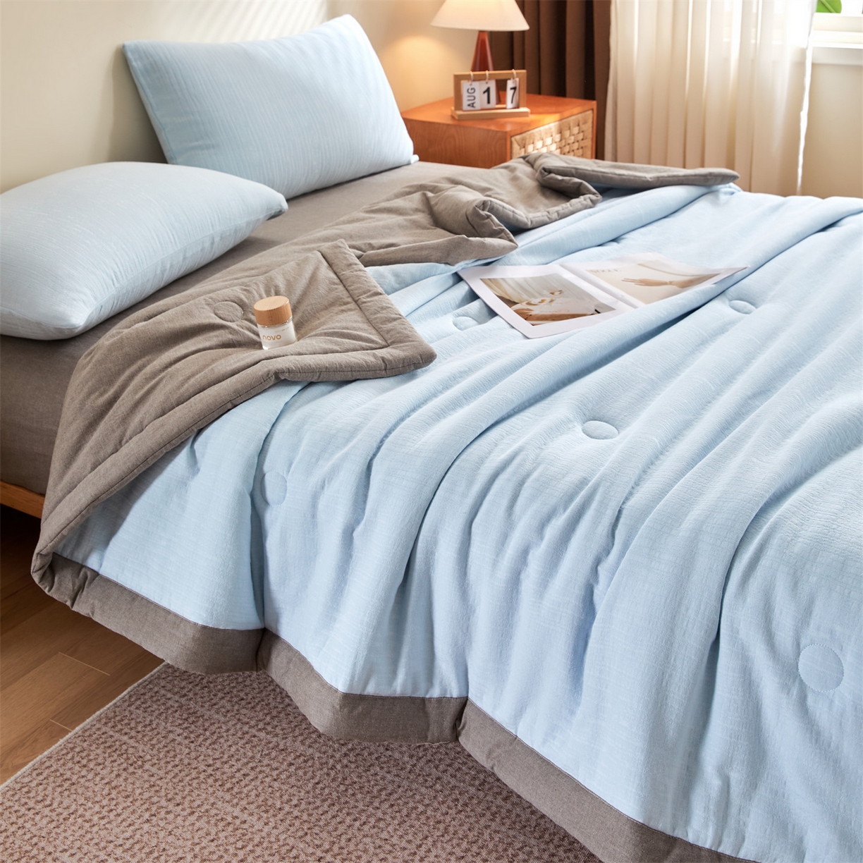 91家纺网 家纺一手货源 找家纺 恬思语家纺 2026春夏新款全棉色织大提花棉花夏被空调被夏凉被四件套芳华系列 芳华-蓝灰