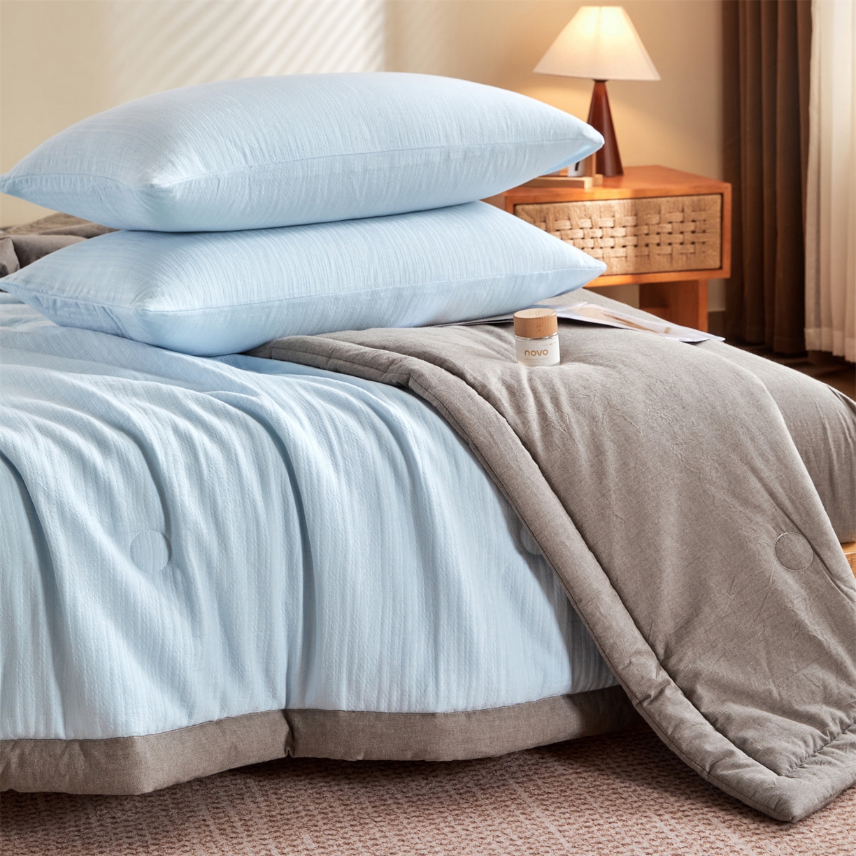 91家纺网 家纺一手货源 找家纺 恬思语家纺 2026春夏新款全棉色织大提花棉花夏被空调被夏凉被四件套芳华系列 芳华-蓝灰