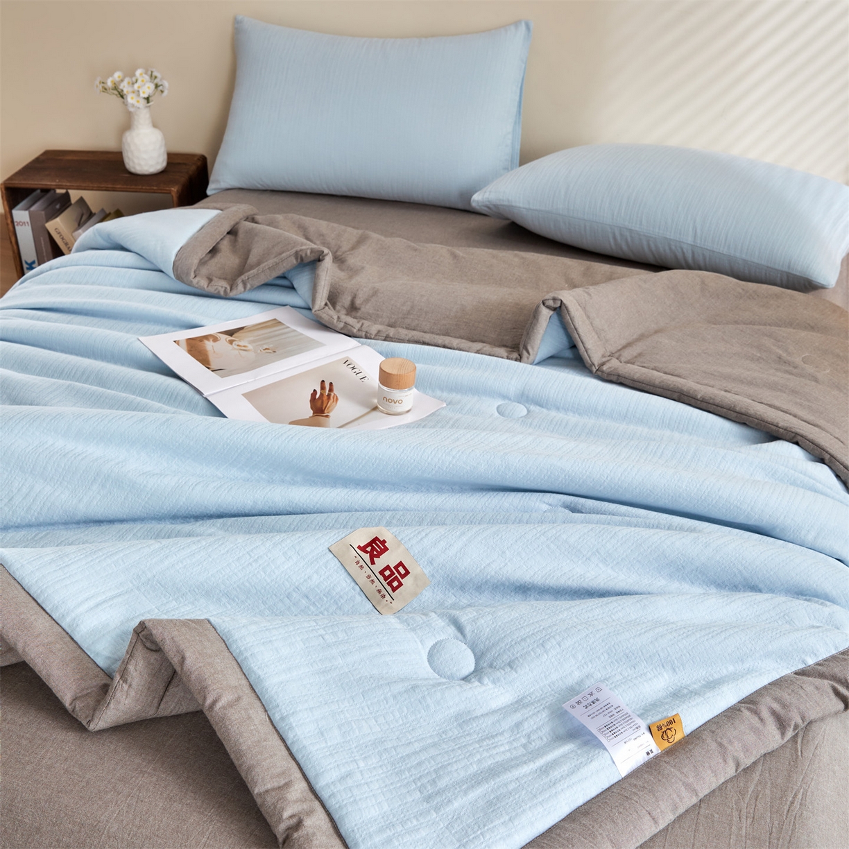 91家纺网 家纺一手货源 找家纺 恬思语家纺 2026春夏新款全棉色织大提花棉花夏被空调被夏凉被四件套芳华系列 芳华-蓝灰