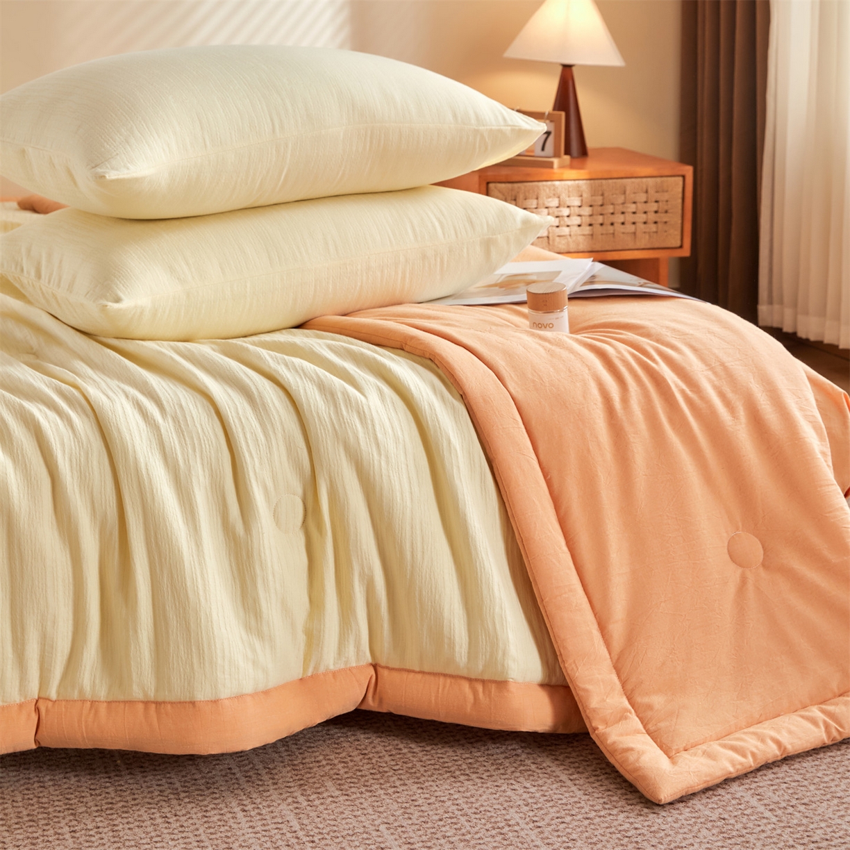 91家纺网 家纺一手货源 找家纺 恬思语家纺 2026春夏新款全棉色织大提花棉花夏被空调被夏凉被四件套芳华系列 芳华-黄橙