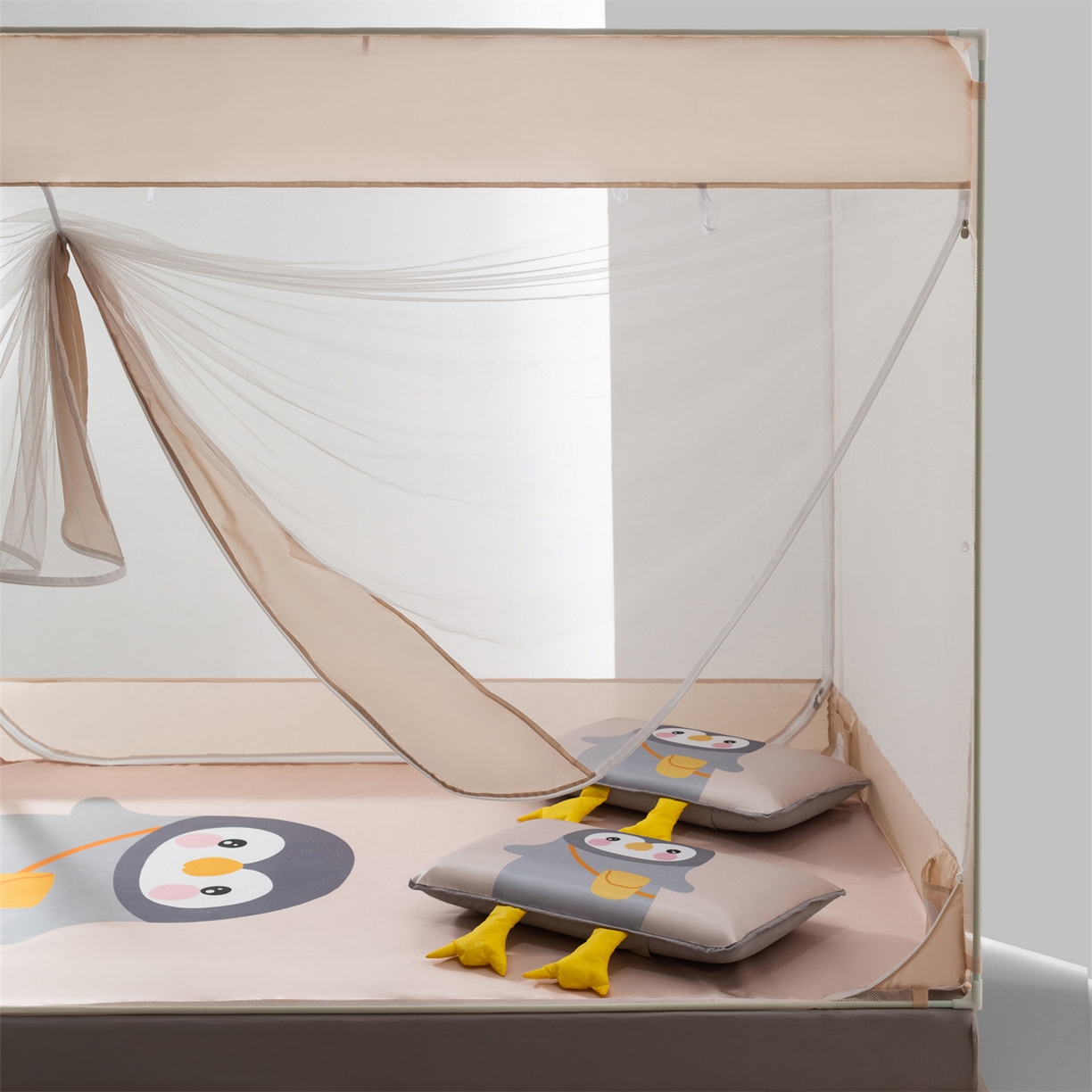 91家纺网 家纺一手货源 找家纺 飞轮海蚊帐 2026新款凉席蚊帐二合一坐床蚊帐-Z71 上学企鹅