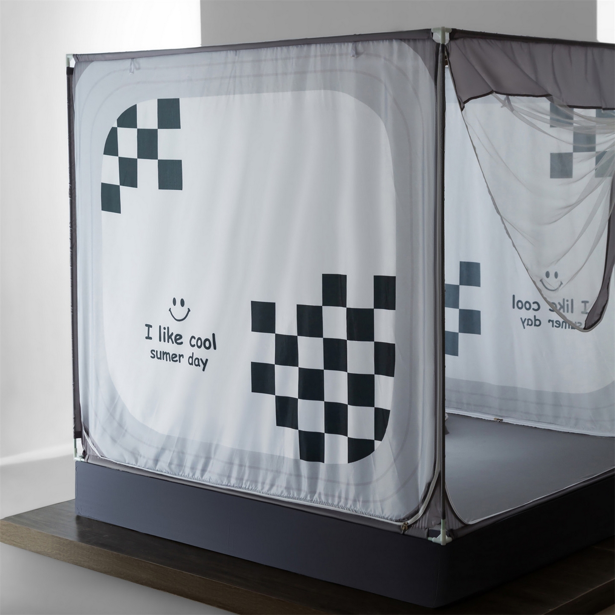 91家纺网 家纺一手货源 找家纺 飞轮海蚊帐 2026新款防摔全包防护坐床旗舰款蚊帐-Z72 棋盘格