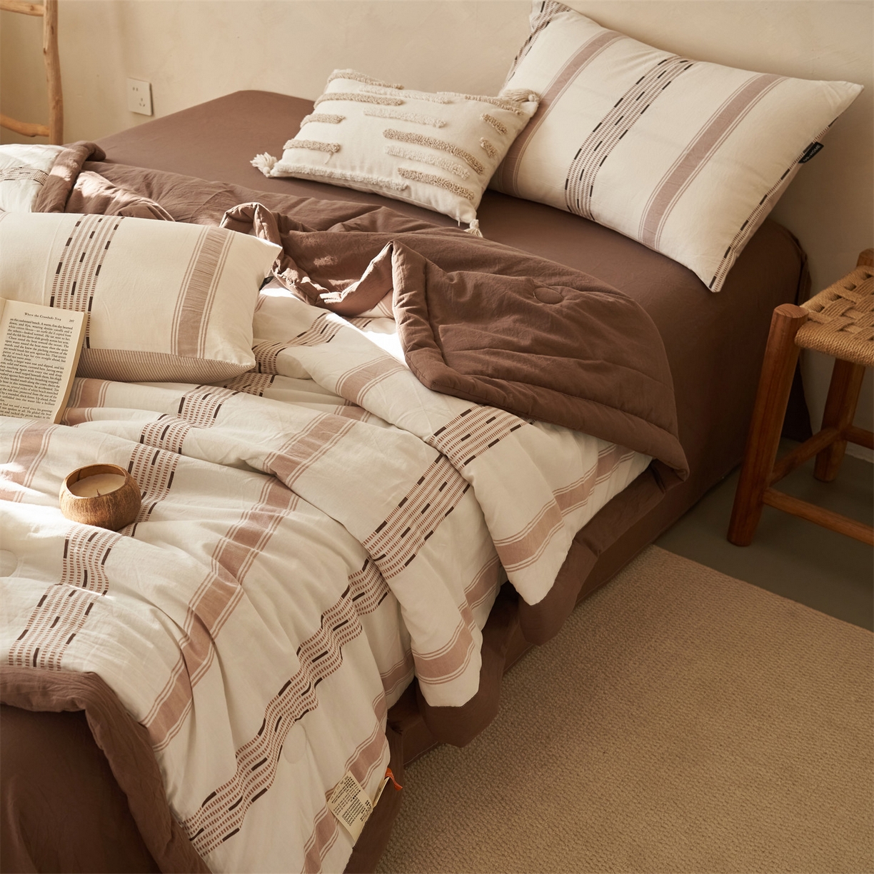 91家纺网 家纺一手货源 找家纺 恬思语家纺 2026春夏新款全棉色织大提花棉花夏被空调被夏凉被四件套如意系列 如意-棕