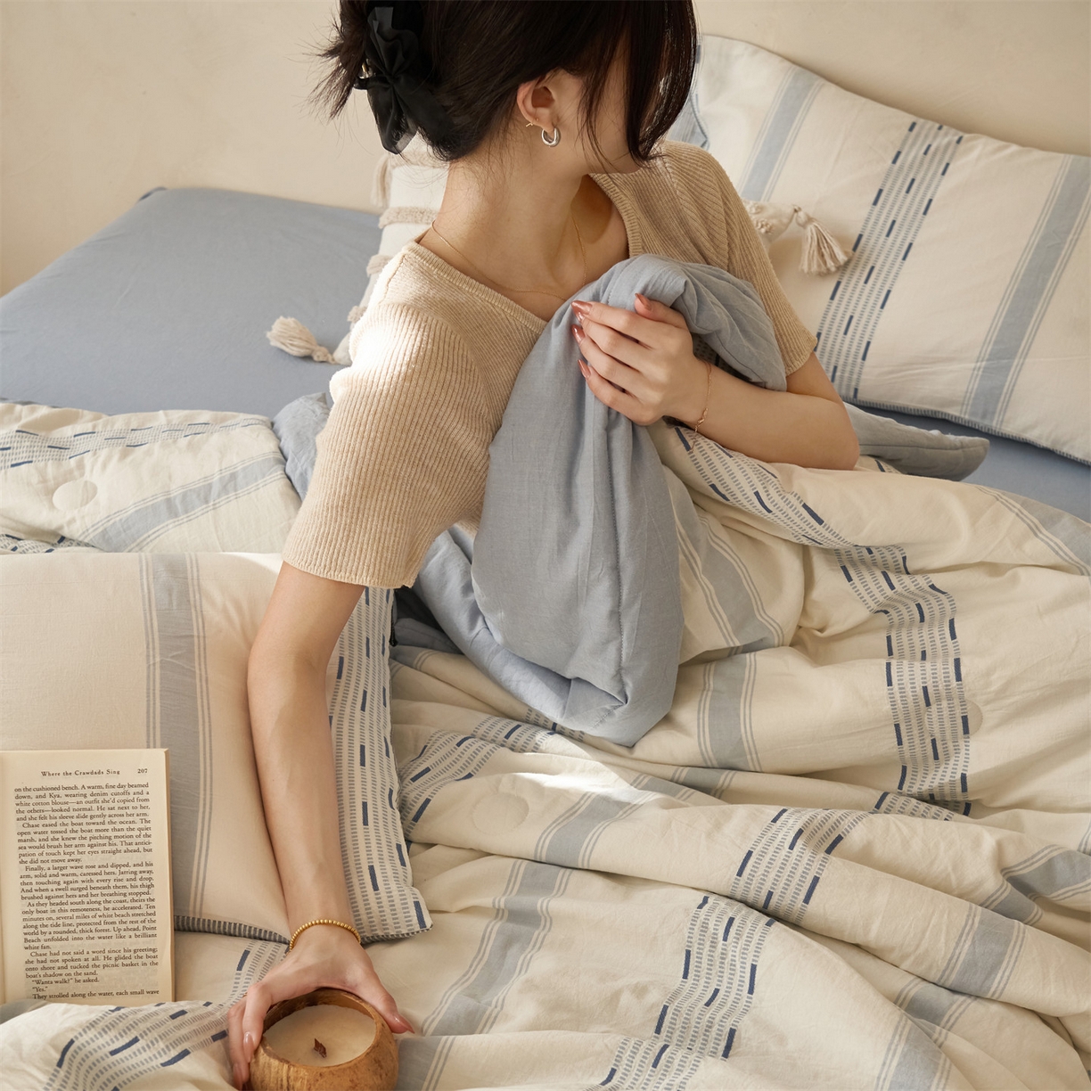 91家纺网 家纺一手货源 找家纺 恬思语家纺 2026春夏新款全棉色织大提花棉花夏被空调被夏凉被四件套如意系列 如意-蓝