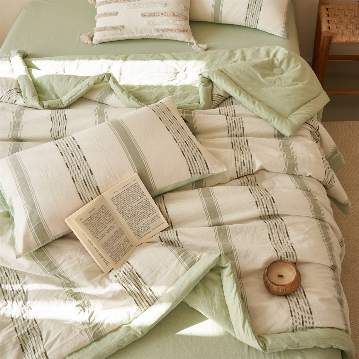 91家纺网 家纺一手货源 找家纺 恬思语家纺 2026春夏新款全棉色织大提花棉花夏被空调被夏凉被四件套如意系列 如意-绿