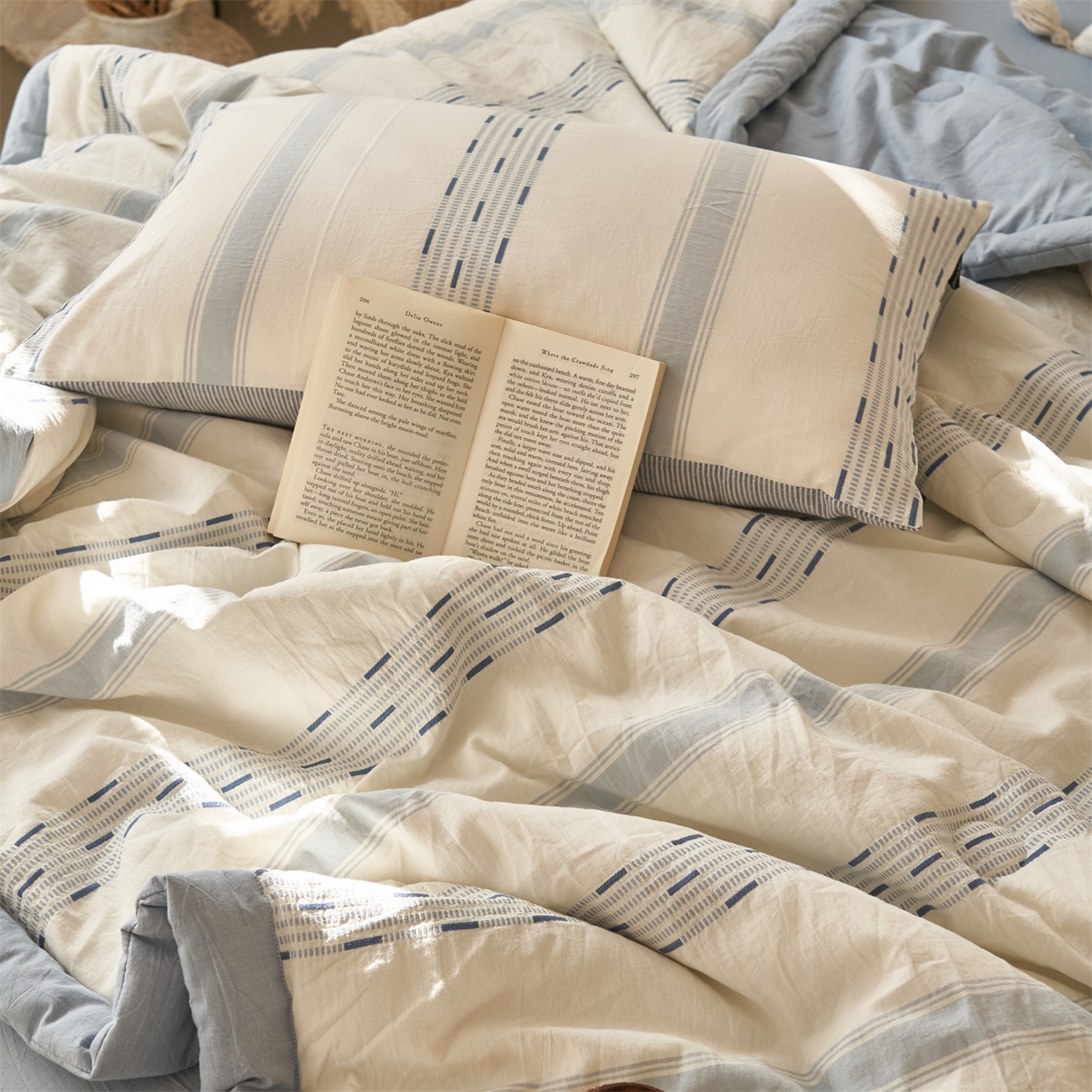 91家纺网 家纺一手货源 找家纺 恬思语家纺 2026春夏新款全棉色织大提花棉花夏被空调被夏凉被四件套如意系列 如意-蓝