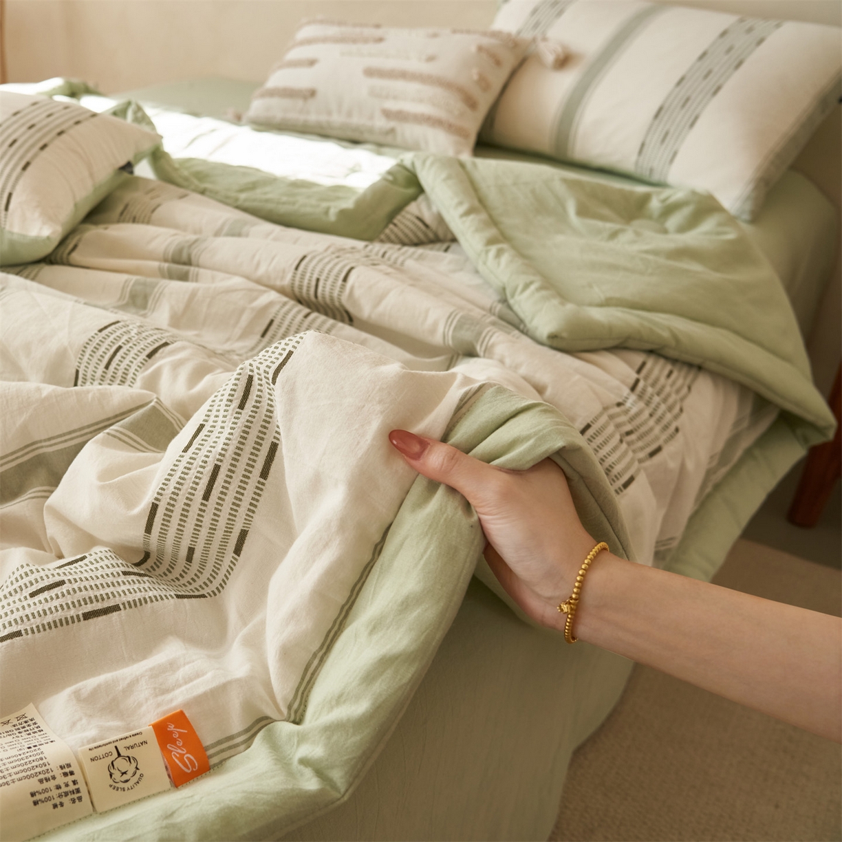 91家纺网 家纺一手货源 找家纺 恬思语家纺 2026春夏新款全棉色织大提花棉花夏被空调被夏凉被四件套如意系列 如意-绿