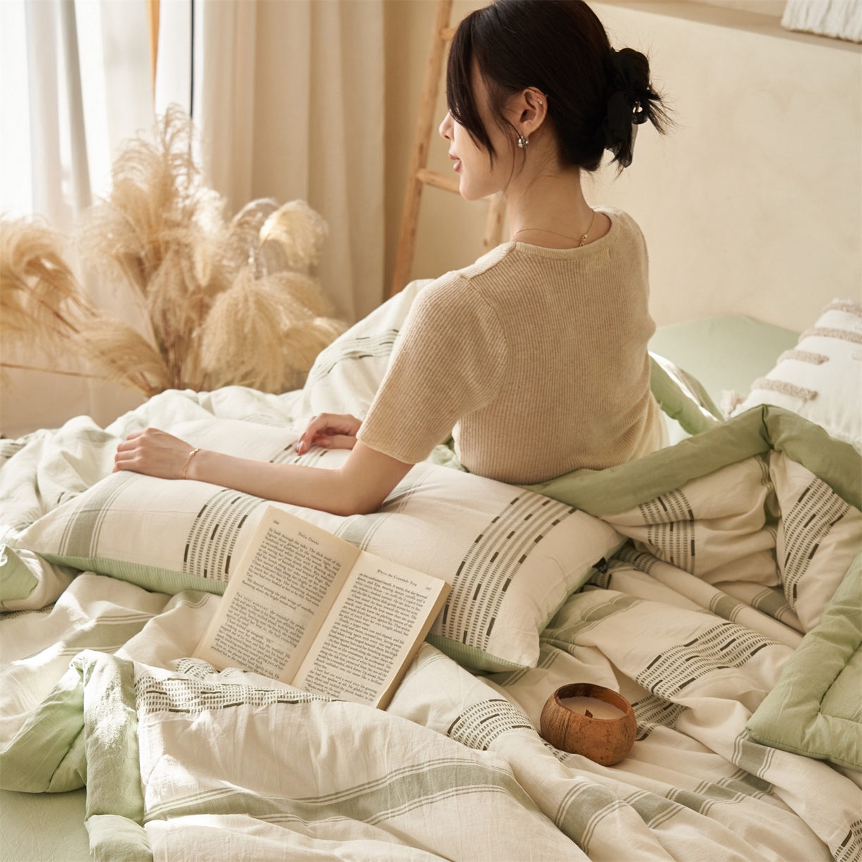 91家纺网 家纺一手货源 找家纺 恬思语家纺 2026春夏新款全棉色织大提花棉花夏被空调被夏凉被四件套如意系列 如意-绿