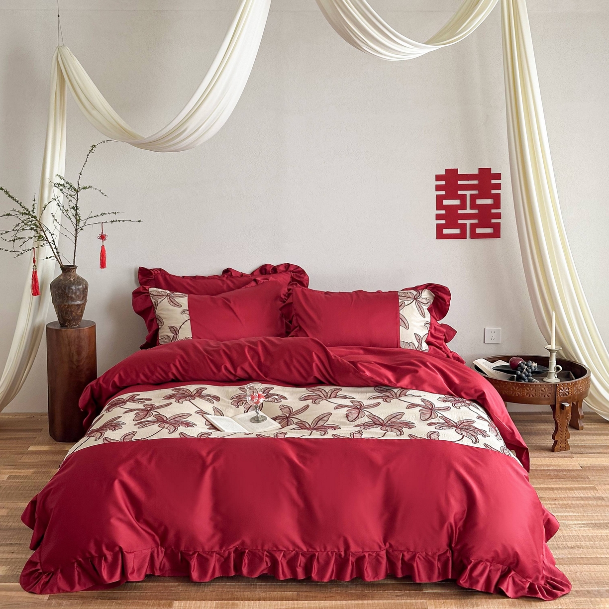 91家纺网 家纺一手货源 找家纺 （总）西西家居 2026春夏新款100S长绒棉纯棉高精密绣花四件套-海岛之恋（含精致红色礼盒）