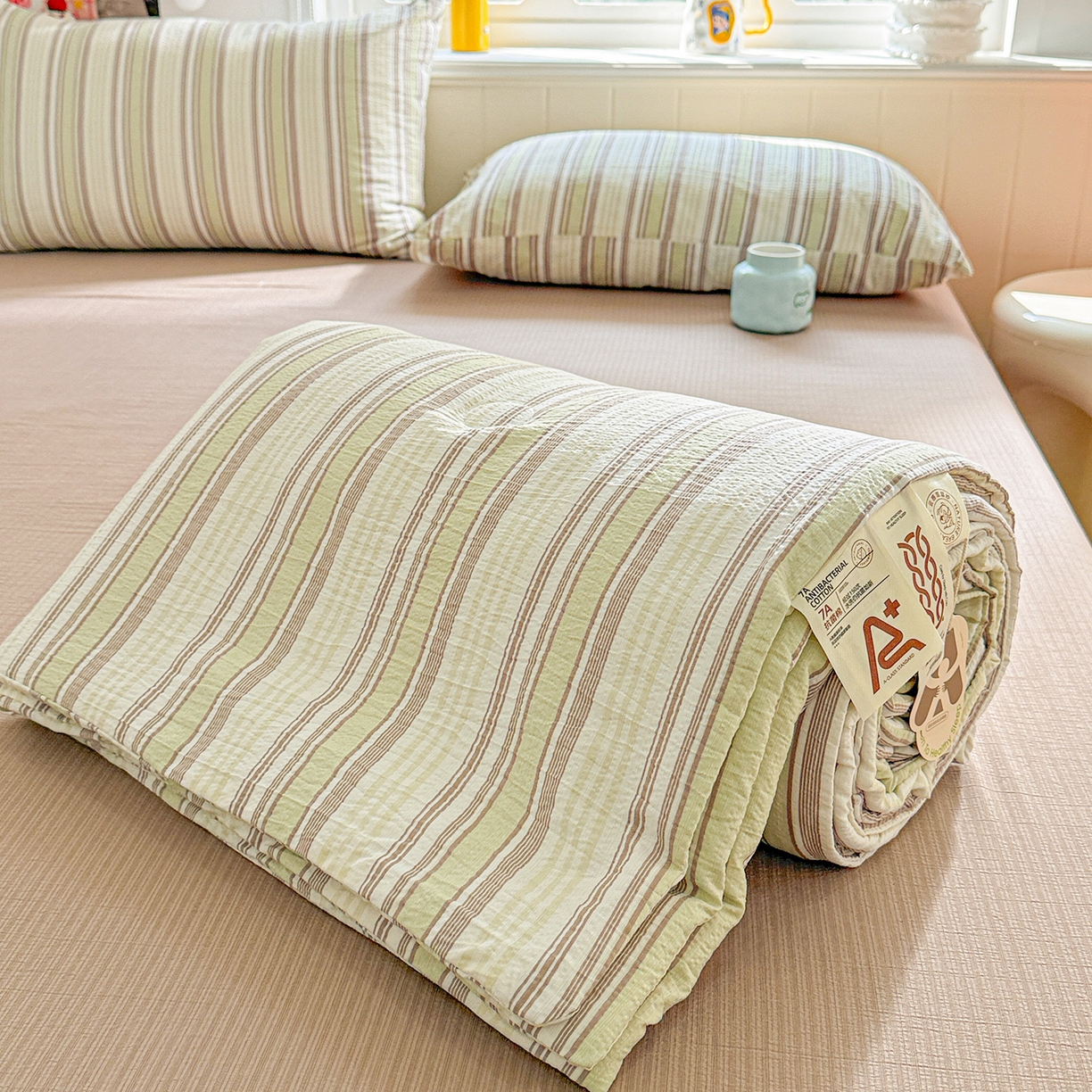 91家纺网 家纺一手货源 找家纺 N先生+V 13814689556 发大图/买家秀 2026新款A类无印风双层纱夏被夏凉被空调被 栖然-绿（夏被）