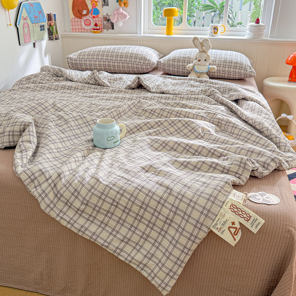 91家纺网 家纺一手货源 找家纺 N先生+V 13814689556 发大图/买家秀 2026新款A类无印风双层纱夏被夏凉被空调被 知禾-咖（夏被）