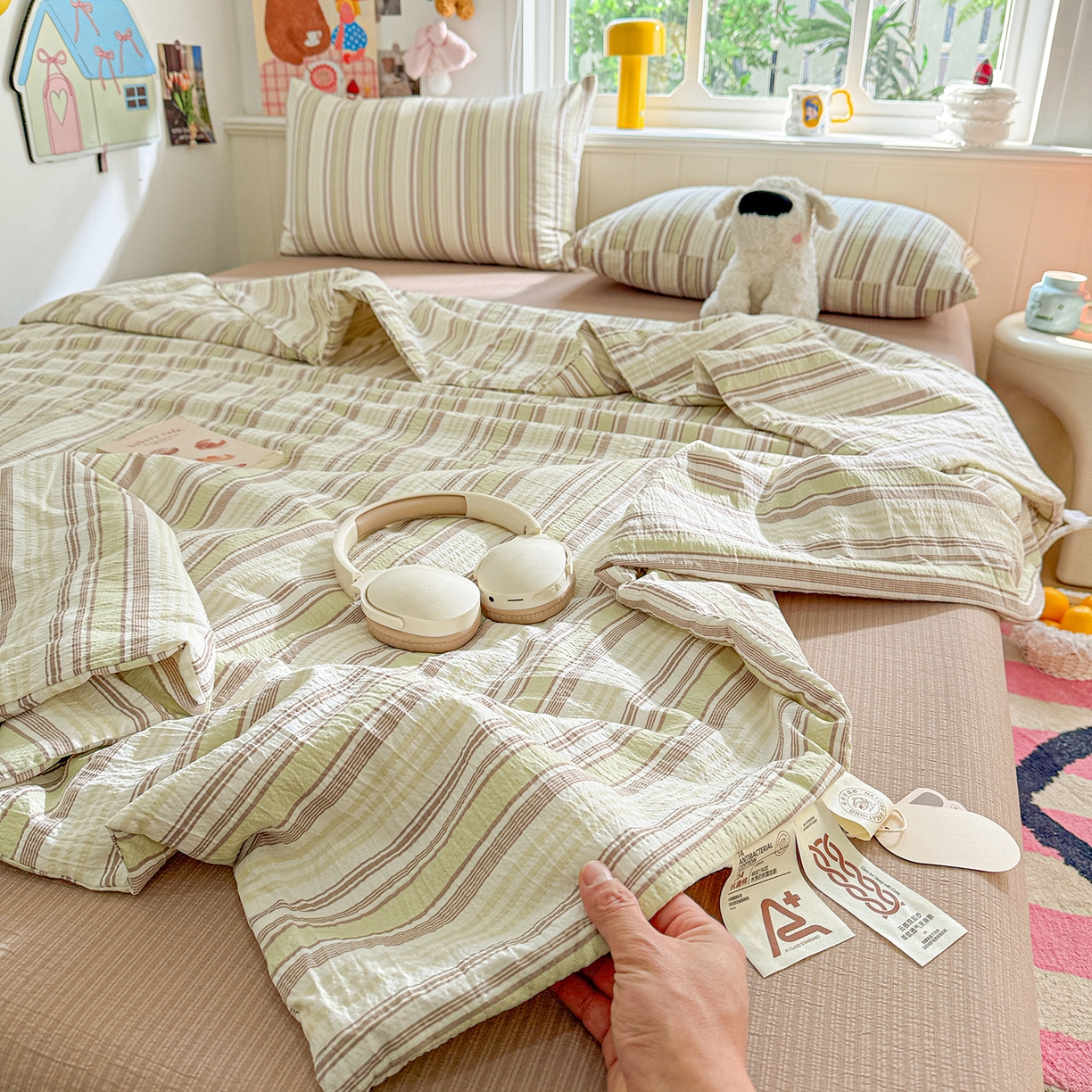 N先生+V 13814689556 发大图/买家秀 2026新款A类无印风双层纱夏被夏凉被空调被 栖然-绿（夏被）