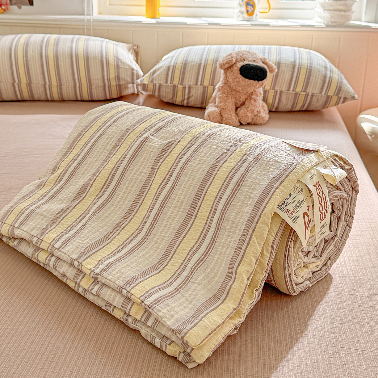 91家纺网 家纺一手货源 找家纺 N先生+V 13814689556 发大图/买家秀 2026新款A类无印风双层纱夏被夏凉被空调被 栖然-黄（夏被）