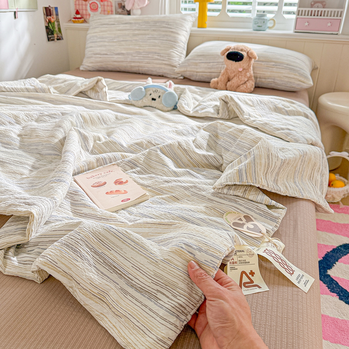 N先生+V 13814689556 发大图/买家秀 2026新款A类无印风双层纱夏被夏凉被空调被 简兮-咖（夏被）
