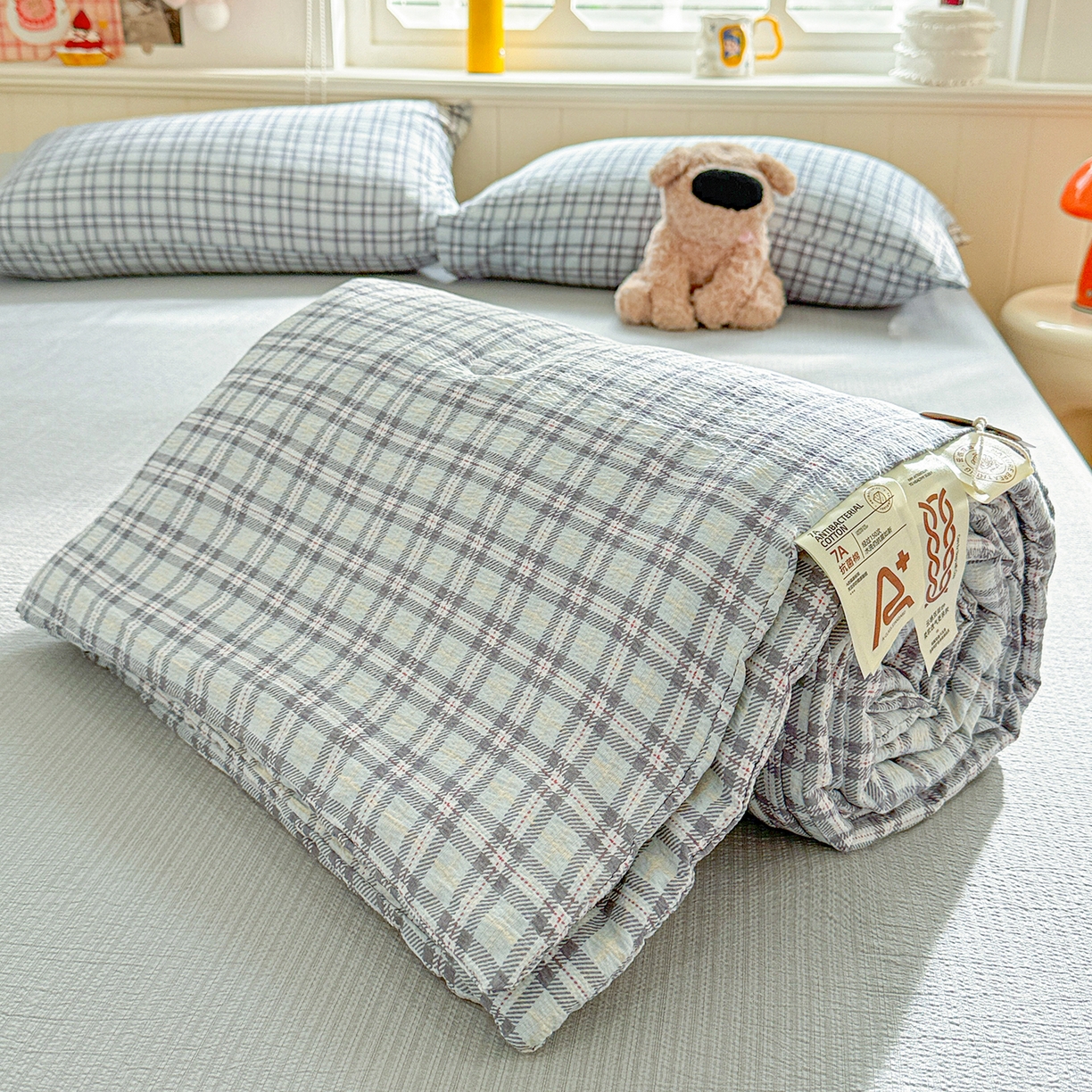 91家纺网 家纺一手货源 找家纺 N先生+V 13814689556 发大图/买家秀 2026新款A类无印风双层纱夏被夏凉被空调被 知禾-蓝（夏被）