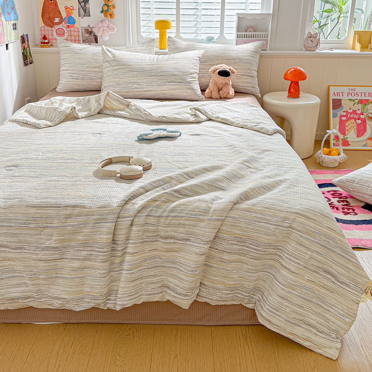 91家纺网 家纺一手货源 找家纺 N先生+V 13814689556 发大图/买家秀 2026新款A类无印风双层纱夏被夏凉被空调被 简兮-咖（夏被）