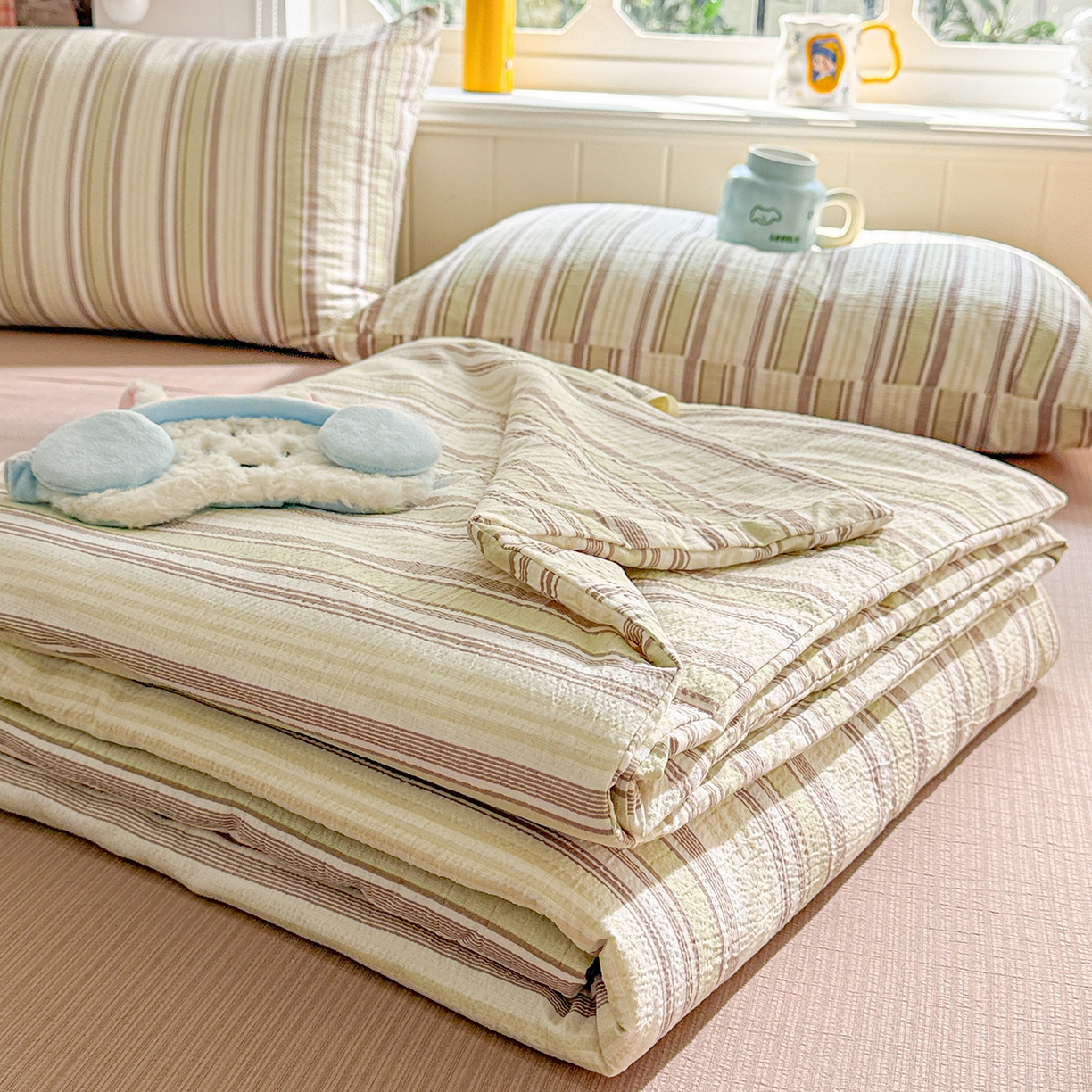 91家纺网 家纺一手货源 找家纺 N先生+V 13814689556 发大图/买家秀 2026新款A类无印风双层纱夏被夏凉被空调被 栖然-绿（夏被）