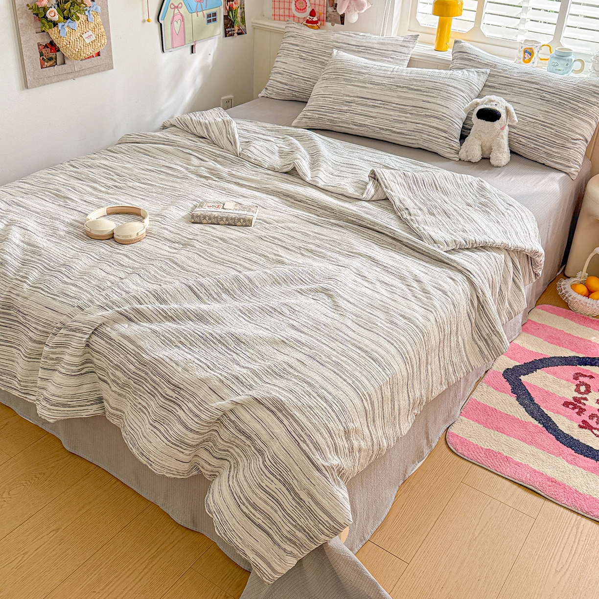 91家纺网 家纺一手货源 找家纺 N先生+V 13814689556 发大图/买家秀 2026新款A类无印风双层纱夏被夏凉被空调被 简兮-灰(夏被）