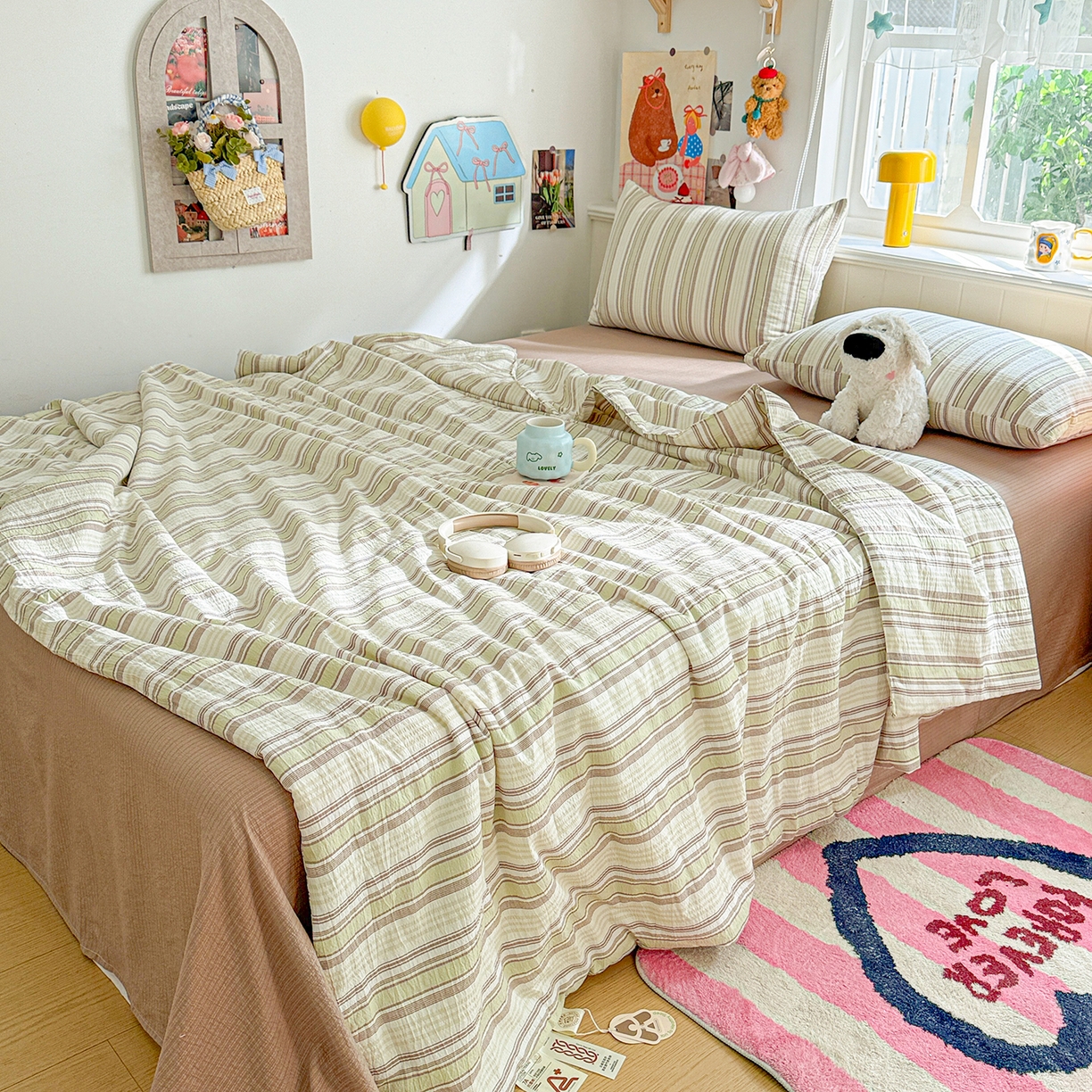 91家纺网 家纺一手货源 找家纺 N先生+V 13814689556 发大图/买家秀 2026新款A类无印风双层纱夏被夏凉被空调被 栖然-绿（夏被）