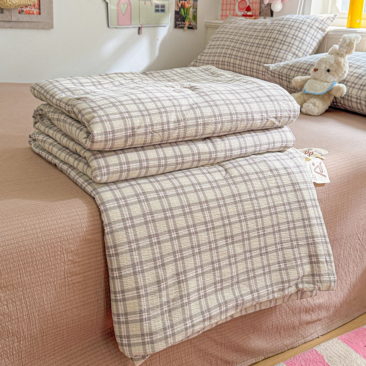 91家纺网 家纺一手货源 找家纺 N先生+V 13814689556 发大图/买家秀 2026新款A类无印风双层纱夏被夏凉被空调被 知禾-咖（夏被）