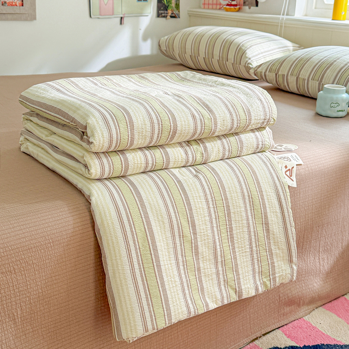 91家纺网 家纺一手货源 找家纺 N先生+V 13814689556 发大图/买家秀 2026新款A类无印风双层纱夏被夏凉被空调被 栖然-绿（夏被）