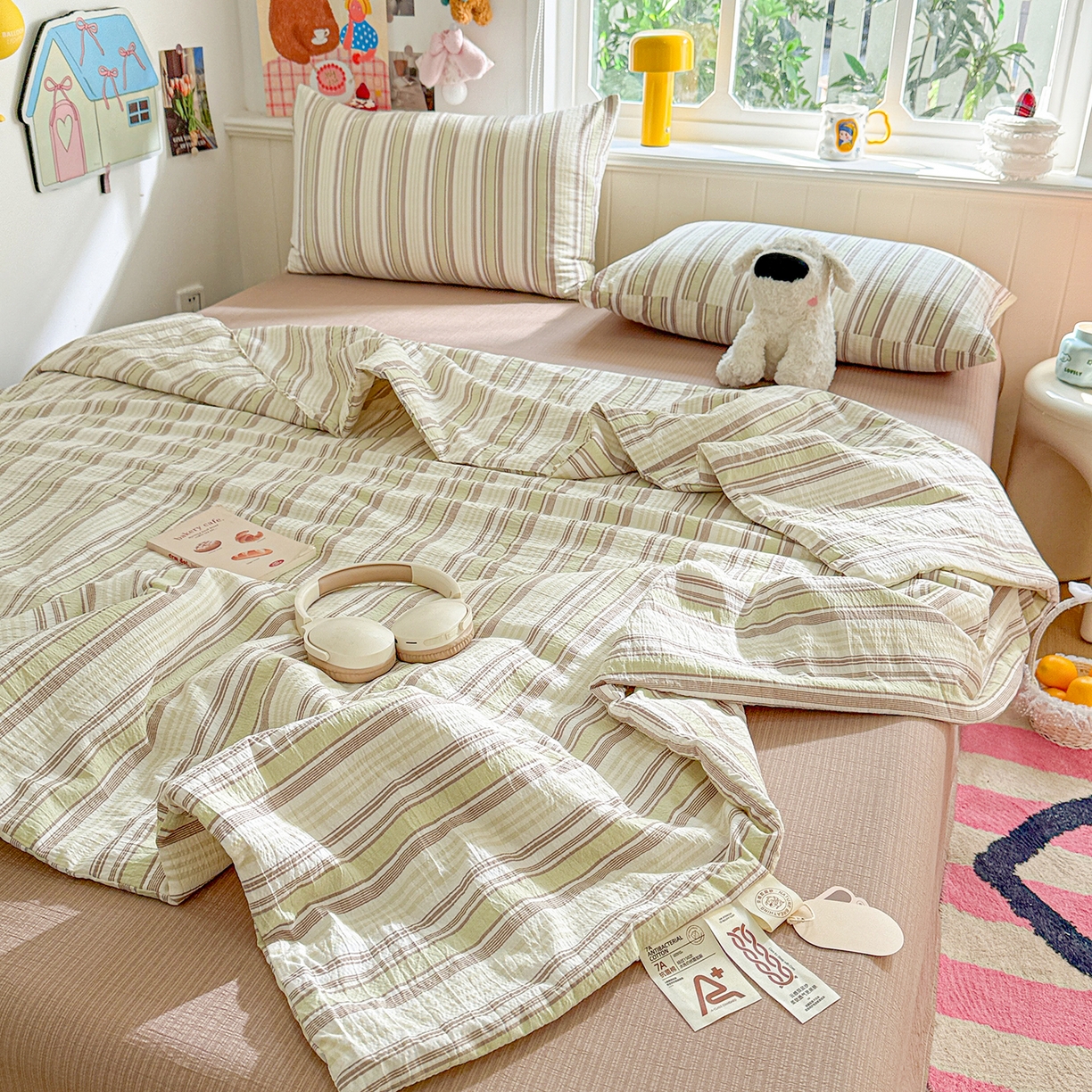 91家纺网 家纺一手货源 找家纺 N先生+V 13814689556 发大图/买家秀 2026新款A类无印风双层纱夏被夏凉被空调被 栖然-绿（夏被）