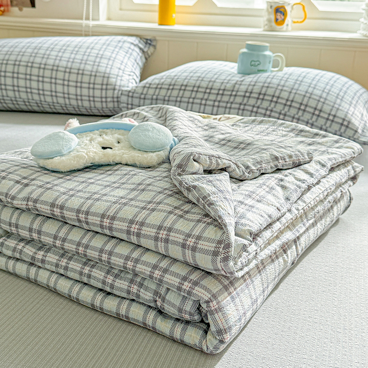 91家纺网 家纺一手货源 找家纺 N先生+V 13814689556 发大图/买家秀 2026新款A类无印风双层纱夏被夏凉被空调被 知禾-蓝（夏被）