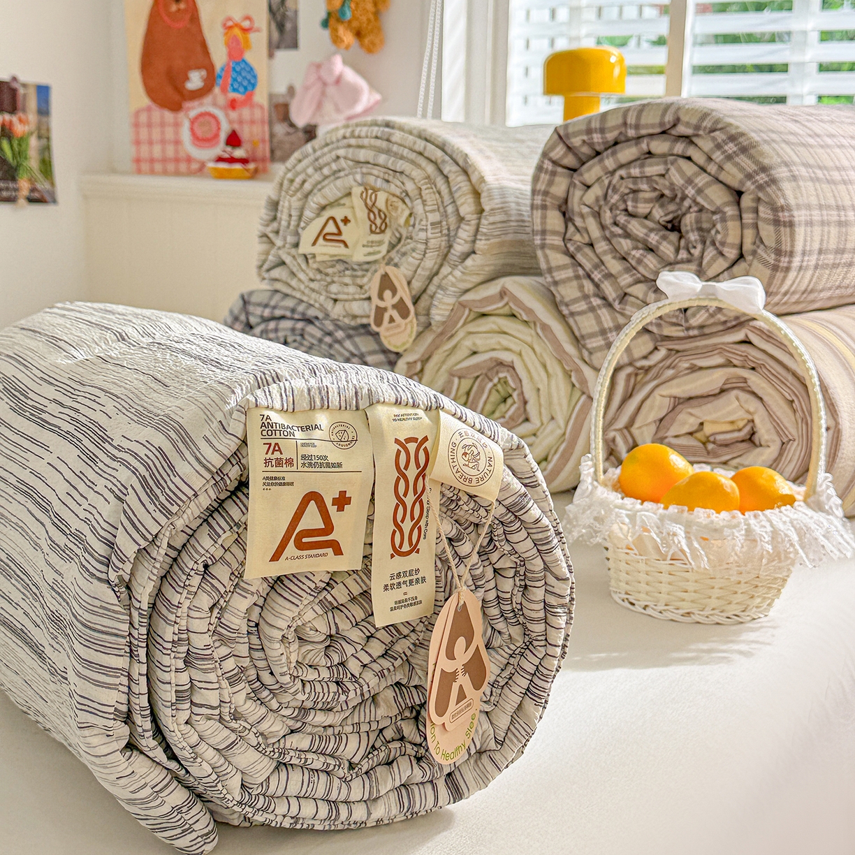 91家纺网 家纺一手货源 找家纺 N先生+V 13814689556 发大图/买家秀 2026新款A类无印风双层纱夏被夏凉被空调被 组合图（仅供展示不可下单）