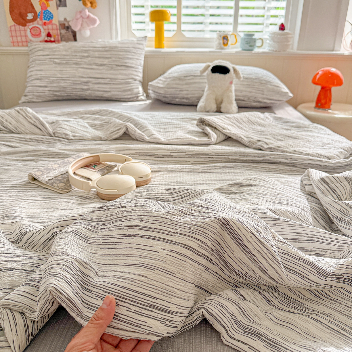 91家纺网 家纺一手货源 找家纺 N先生+V 13814689556 发大图/买家秀 2026新款A类无印风双层纱夏被夏凉被空调被 简兮-灰(夏被）