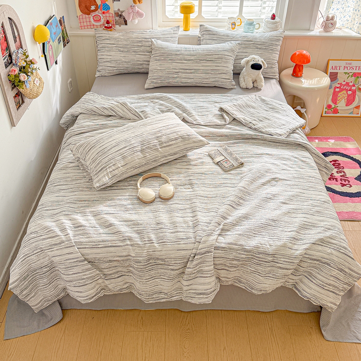 91家纺网 家纺一手货源 找家纺 N先生+V 13814689556 发大图/买家秀 2026新款A类无印风双层纱夏被夏凉被空调被 简兮-灰(夏被）