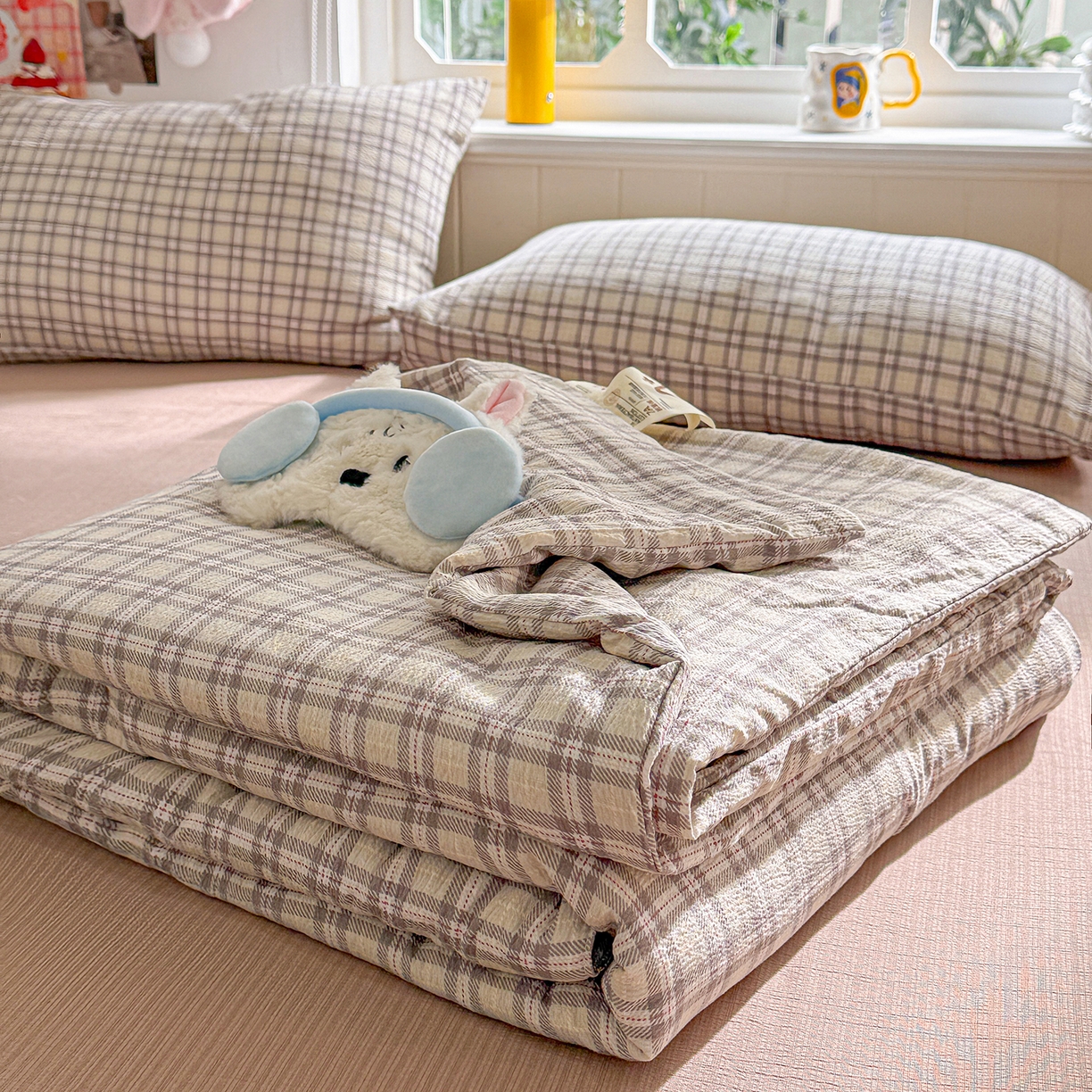 91家纺网 家纺一手货源 找家纺 N先生+V 13814689556 发大图/买家秀 2026新款A类无印风双层纱夏被夏凉被空调被 知禾-咖（夏被）